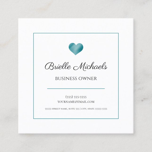 Simple Teal Blue Heart Logo Contact Square Business Card (Front)