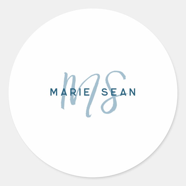 Simple Teal Blue Minimalist Monogram Classic Round Sticker (Front)