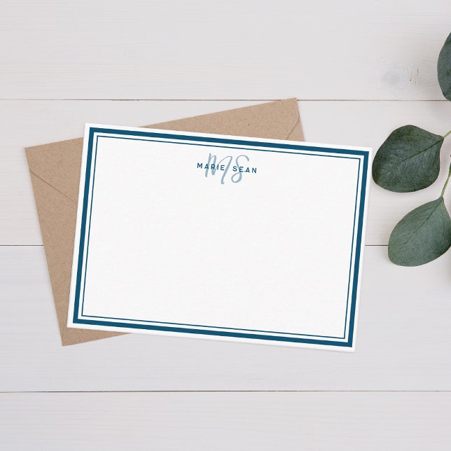 Simple Teal Blue Minimalist Monogram Two Border Card (Creator Uploaded)