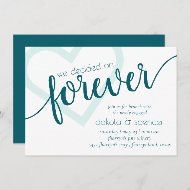 Simple Teal Forever | Green Heart Newlywed Brunch Invitation (Front/Back)