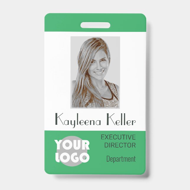 Simple Teal Green Logo Barcode ID Photo Department Badge (Front)