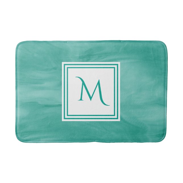 Simple Teal Green Subtle Marble Modern Monogram Bath Mat (Front)
