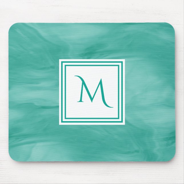 Simple Teal Green Subtle Marble Modern Monogram Mouse Pad (Front)