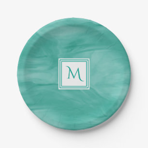 Simple Teal Green Subtle Marble Modern Monogram Paper Plate