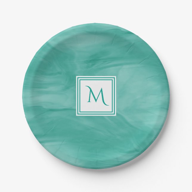 Simple Teal Green Subtle Marble Modern Monogram Paper Plate (Front)