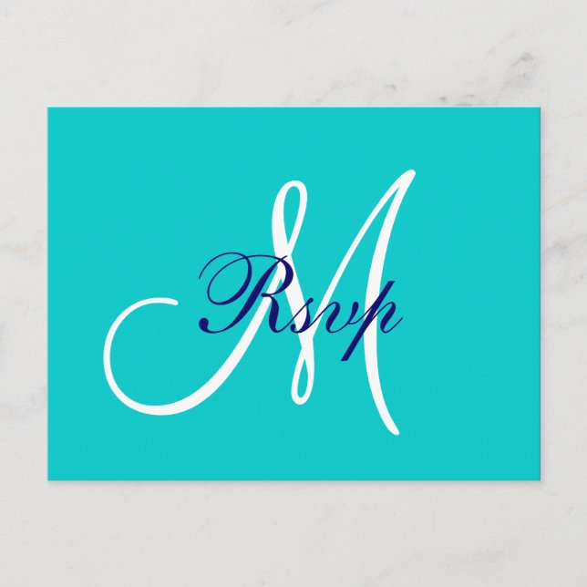 Simple Teal Navy Blue Monogram Wedding RSVP Invitation Postcard (Front)