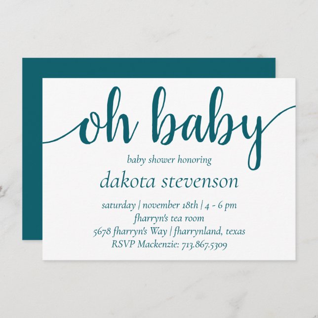 Simple Teal Oh Baby | Blue-Green Flourish Script Invitation (Front/Back)