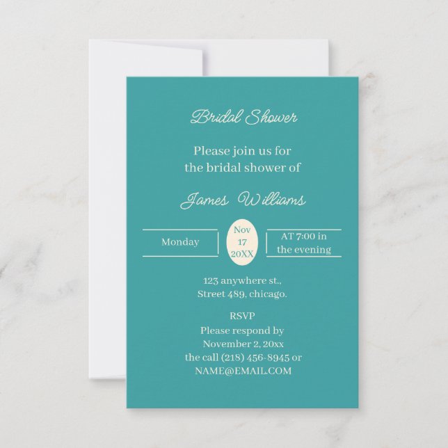 Simple Teal Personalised Bridal Shower Invitation (Front)