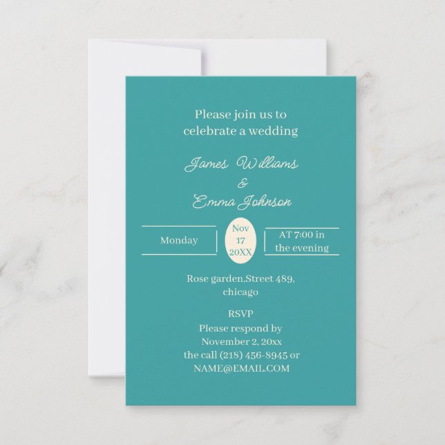 Simple Teal Personalised Wedding Invitation (Front)