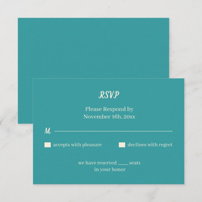 Simple Teal Personalised Wedding RSVP Card (Front/Back)