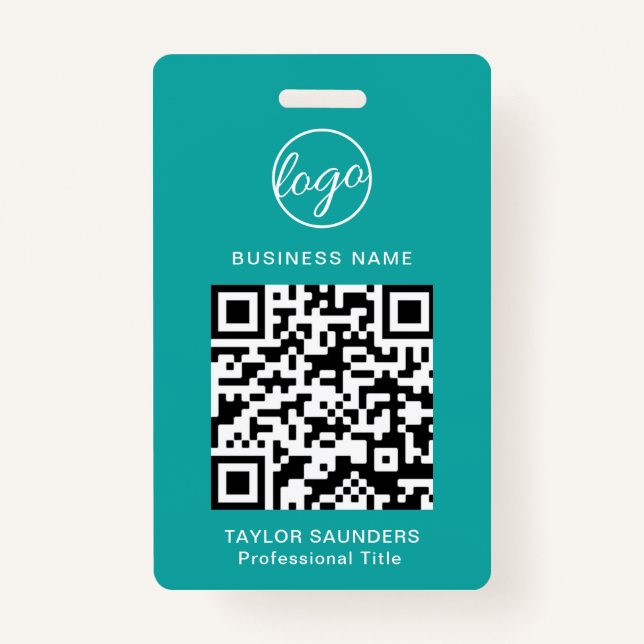 Simple Teal QR Code Employee ID ID Badge (Front)