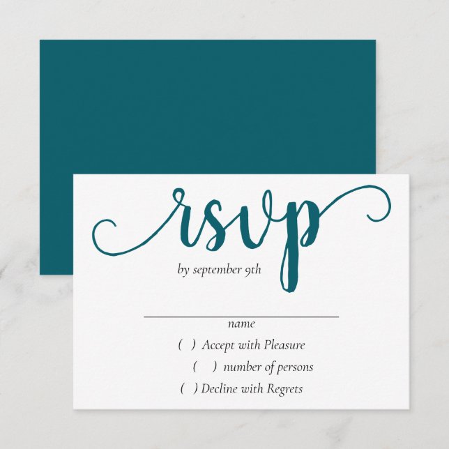 Simple Teal Script | Dark Blue-Green Flourish RSVP Card (Front/Back)