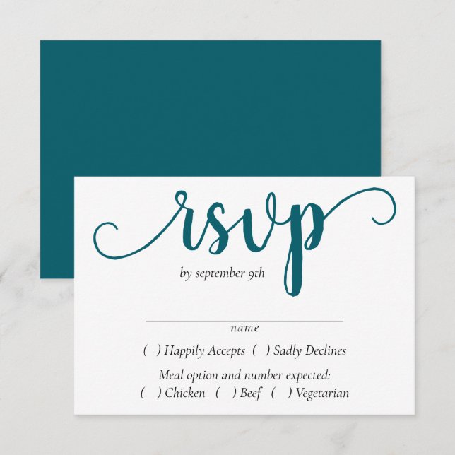 Simple Teal Script | Dark Blue-Green Meal Choice RSVP Card (Front/Back)