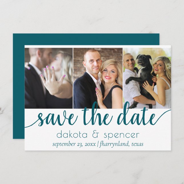 Simple Teal Script | Dark Midnight Green 3 Photo Save The Date (Front/Back)