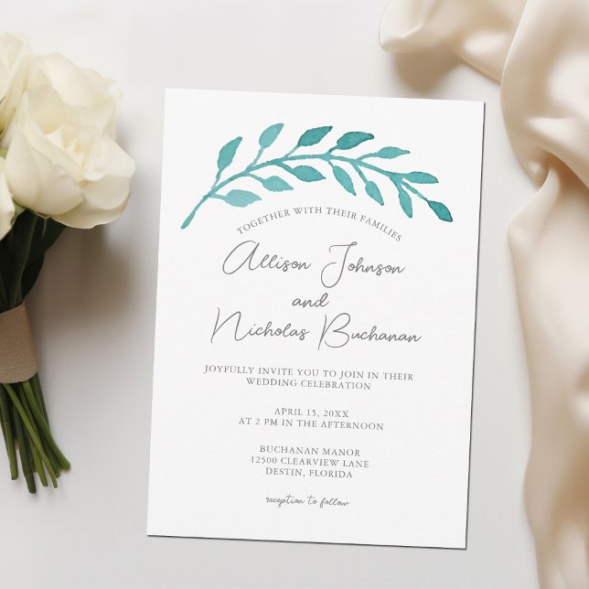 Simple Teal Watercolor Botanical Vine Wedding Invitation (Creator Uploaded)