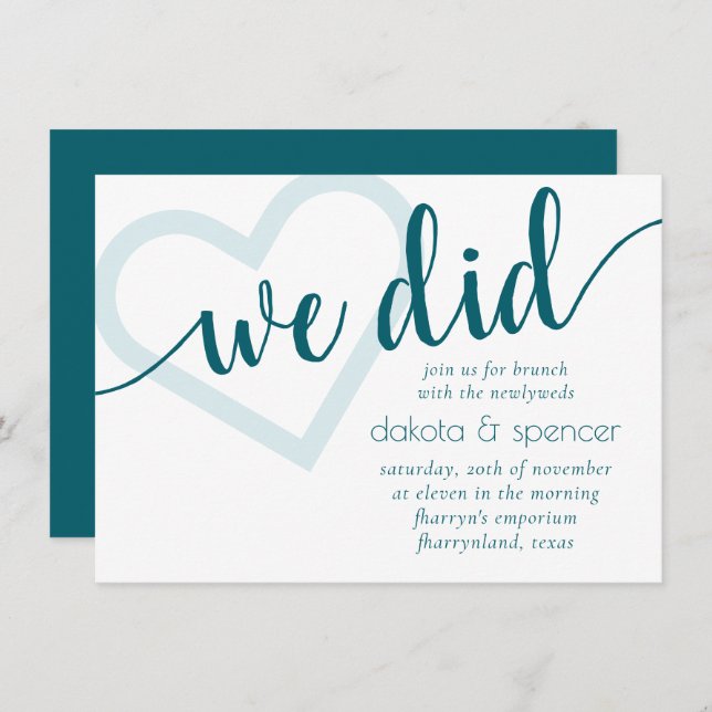 Simple Teal We Did | Green Heart Newlywed Brunch Invitation (Front/Back)