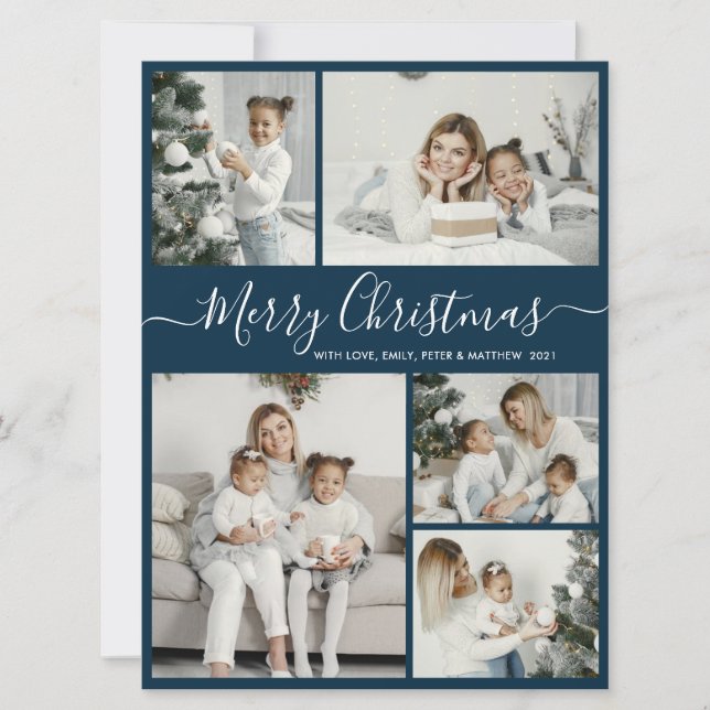 Simple Teal White 5 Photo Collage Christmas Holiday Card (Front)