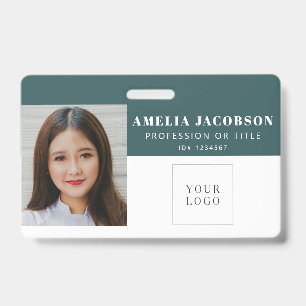 Simple Teal White Employee Photo ID Logo Barcode Badge