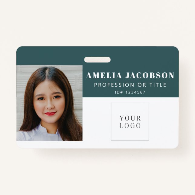 Simple Teal White Employee Photo ID Logo Barcode ID Badge (Front)