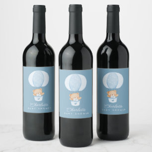 Simple Teddy Bear Blue Balloon Wine Label
