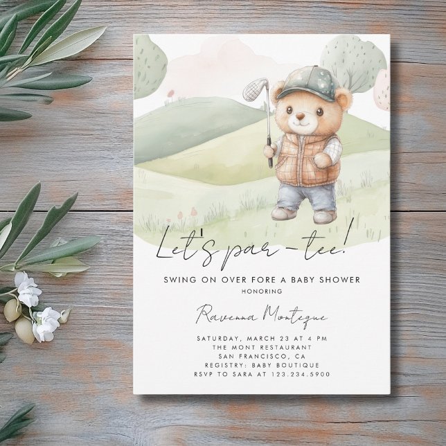 Simple Teddy Golf Lets Par-Tee Baby Shower Invitation (Creator Uploaded)