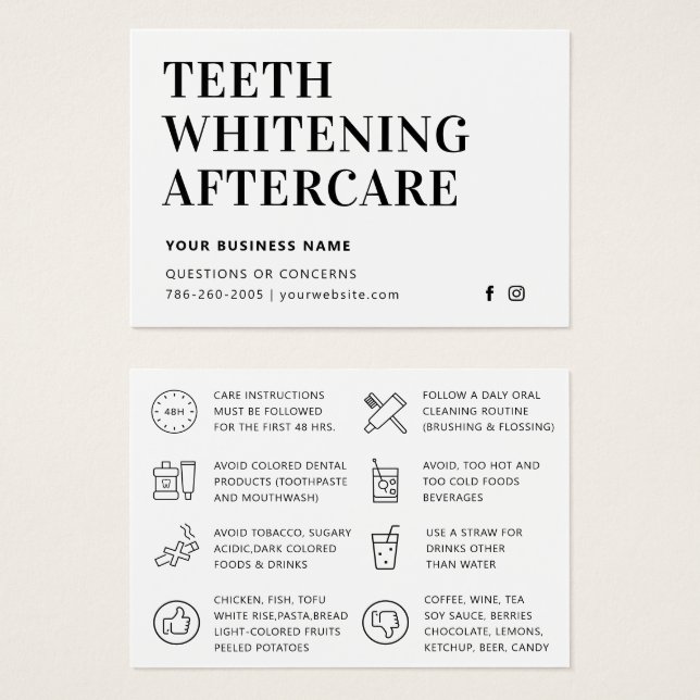 Simple Teeth Whitening Aftercare Instruction Card (Front & Back)