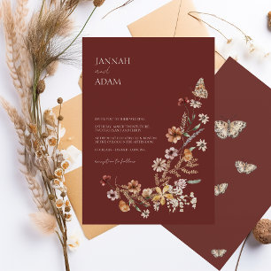 Simple Terracotta Autumn Fall Wildflowers Wedding Invitation