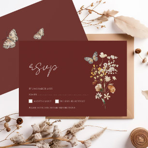 Simple Terracotta Autumn Fall Wildflowers Wedding RSVP Card