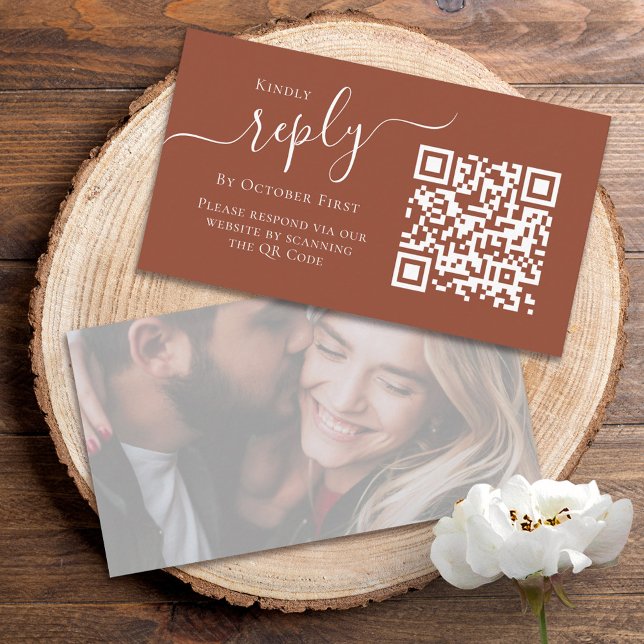 Simple Terracotta Calligraphy Reply QR Code Photo Enclosure Card (Creator Uploaded)