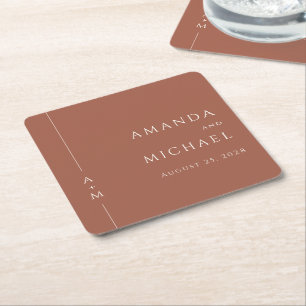 Simple Terracotta Elegant Classic Monogram Wedding Square Paper Coaster