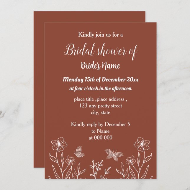 Simple terracotta floral bridal shower invitation (Front/Back)
