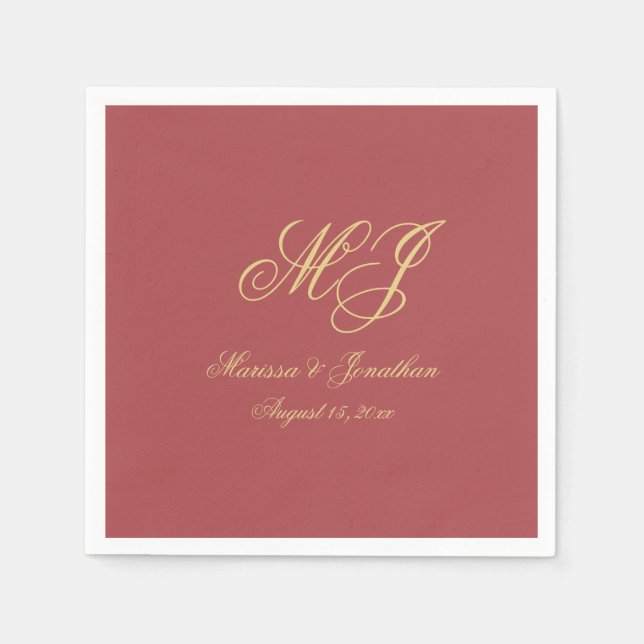 Simple Terracotta Gold Monogram Script Wedding Napkin (Front)