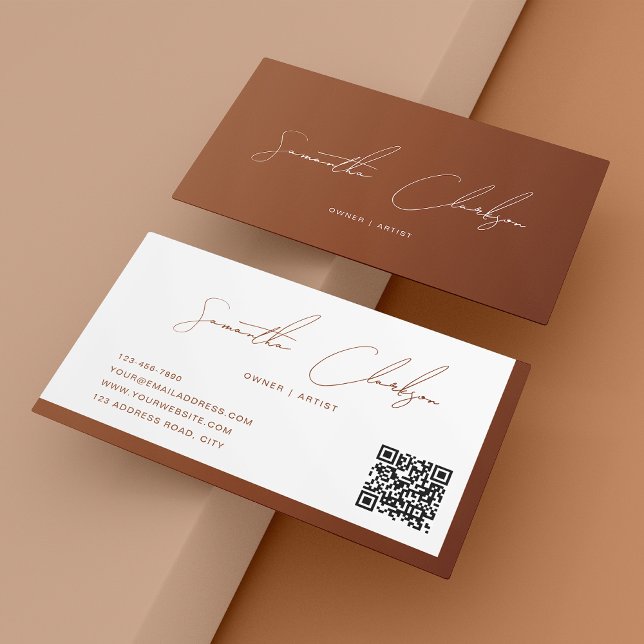 Simple Terracotta Handwritten Script QR code Business Card (Creator Uploaded)