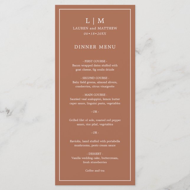 Simple Terracotta Monogram Elegant Wedding Menu (Front)
