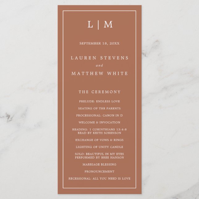Simple Terracotta Monogram Elegant Wedding Program (Front)