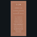 Simple Terracotta Monogram Elegant Wedding Program<br><div class="desc">Modern Wedding Program featuring a simple yet elegant design with a traditional layout. Your two letter monogram is at the top along with your details surrounded by a thin border. All design elements are white over a terracotta / burnt orange / rust background and may be changed in the design...</div>
