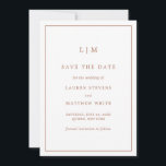 Simple Terracotta Monogram Elegant Wedding Save The Date<br><div class="desc">Simple save the date card featuring a modern yet elegant design with your two letter monogram at the top and your wedding details surrounded by a thin border. All text is in terracotta / burnt orange / rust over a white background and may be changed to any colours you wish...</div>