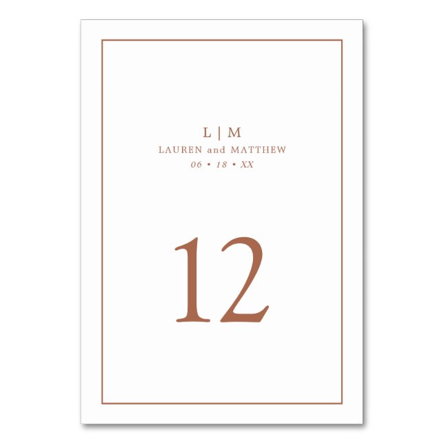 Simple Terracotta Monogram Elegant Wedding Table Number (Front)