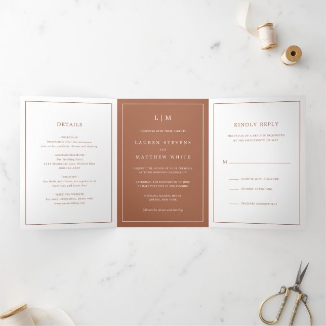 Simple Terracotta Monogram Elegant Wedding Tri-Fold Invitation (Inside)
