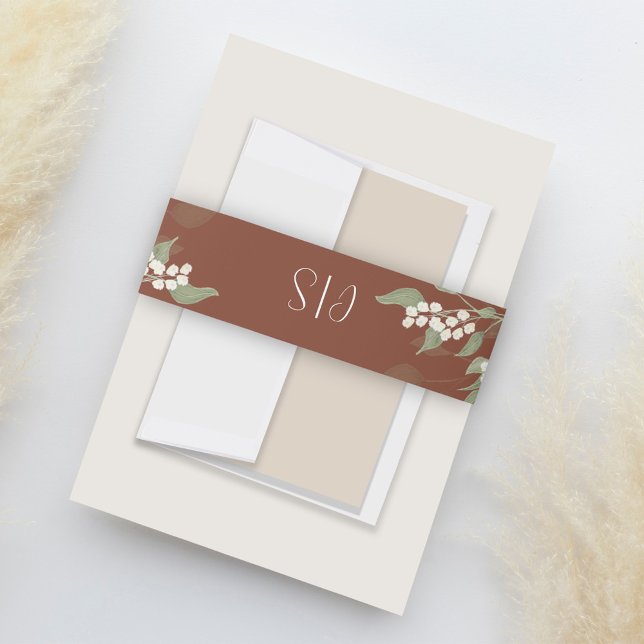 Simple Terracotta Monogram Greenery Floral Foliage Invitation Belly Band (Terracotta wedding invitation belly band with elegant floral, greenery, and foliage. )