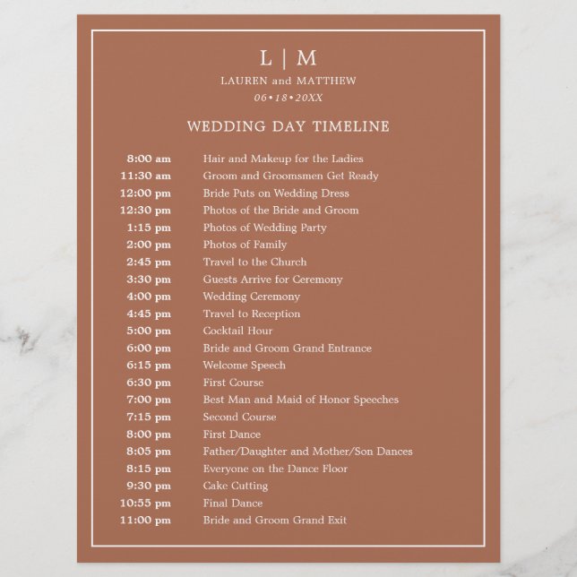 Simple Terracotta Monogram Wedding Timeline (Front)