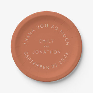 Simple Terracotta Names Date Text Custom Wedding Paper Plate