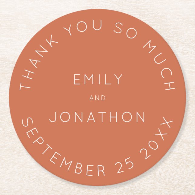 Simple Terracotta Names Date Text Custom Wedding Round Paper Coaster (Front)