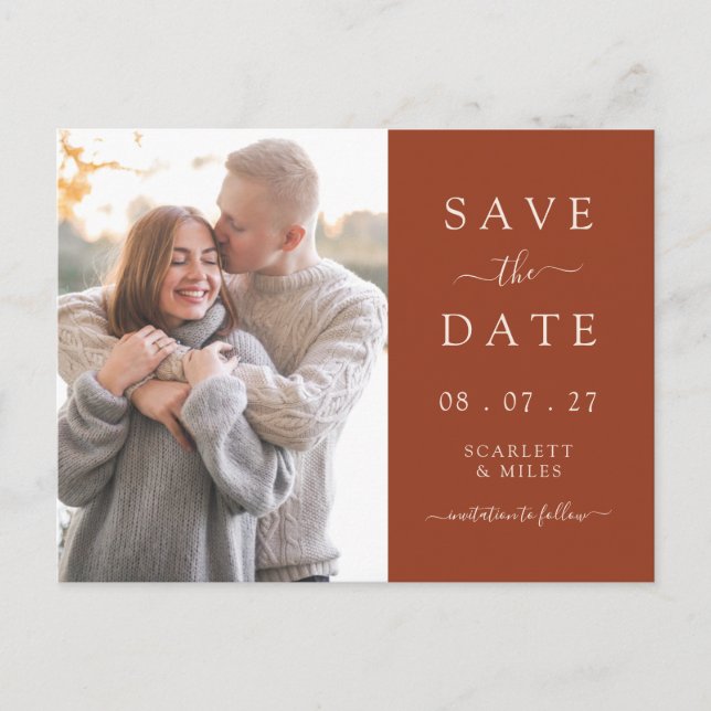 Simple Terracotta Photo Save The Date Wedding Announcement Postcard (Front)