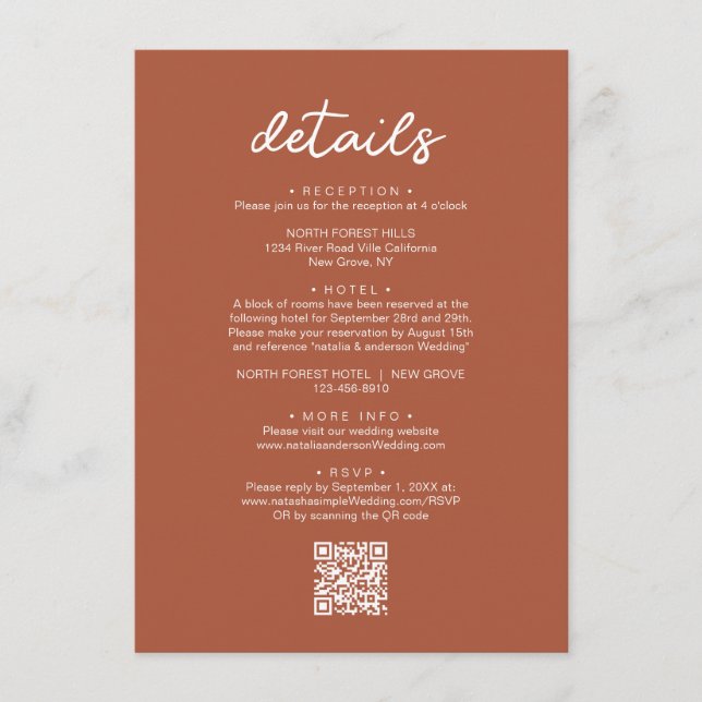 Simple Terracotta Script QR Code Wedding Detail Enclosure Card (Front)