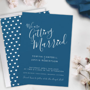 Simple text and heart blue white wedding invites