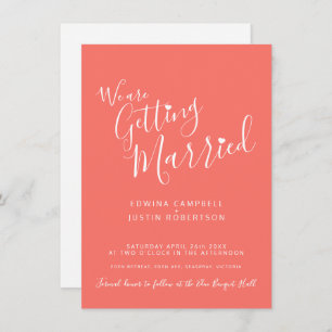 Simple text and heart coral white wedding invites