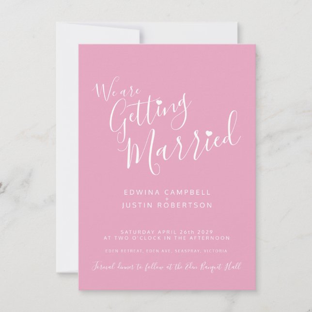 Simple text and heart pink white wedding invites (Front)