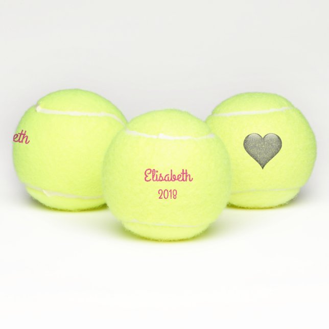 Simple Text Name and Date and Grey Heart Tennis Balls (Multi)