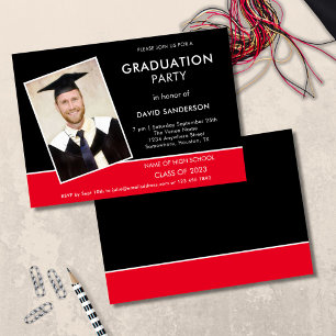 Simple Text Photo Gold Black Red 2022 Graduation Invitation